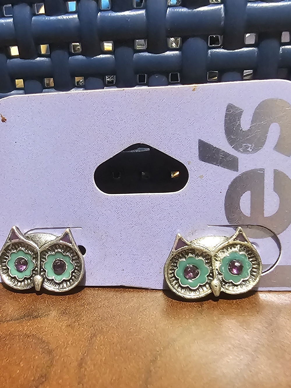 Owl Stud Earrings with Green Enamel and Pink Center
